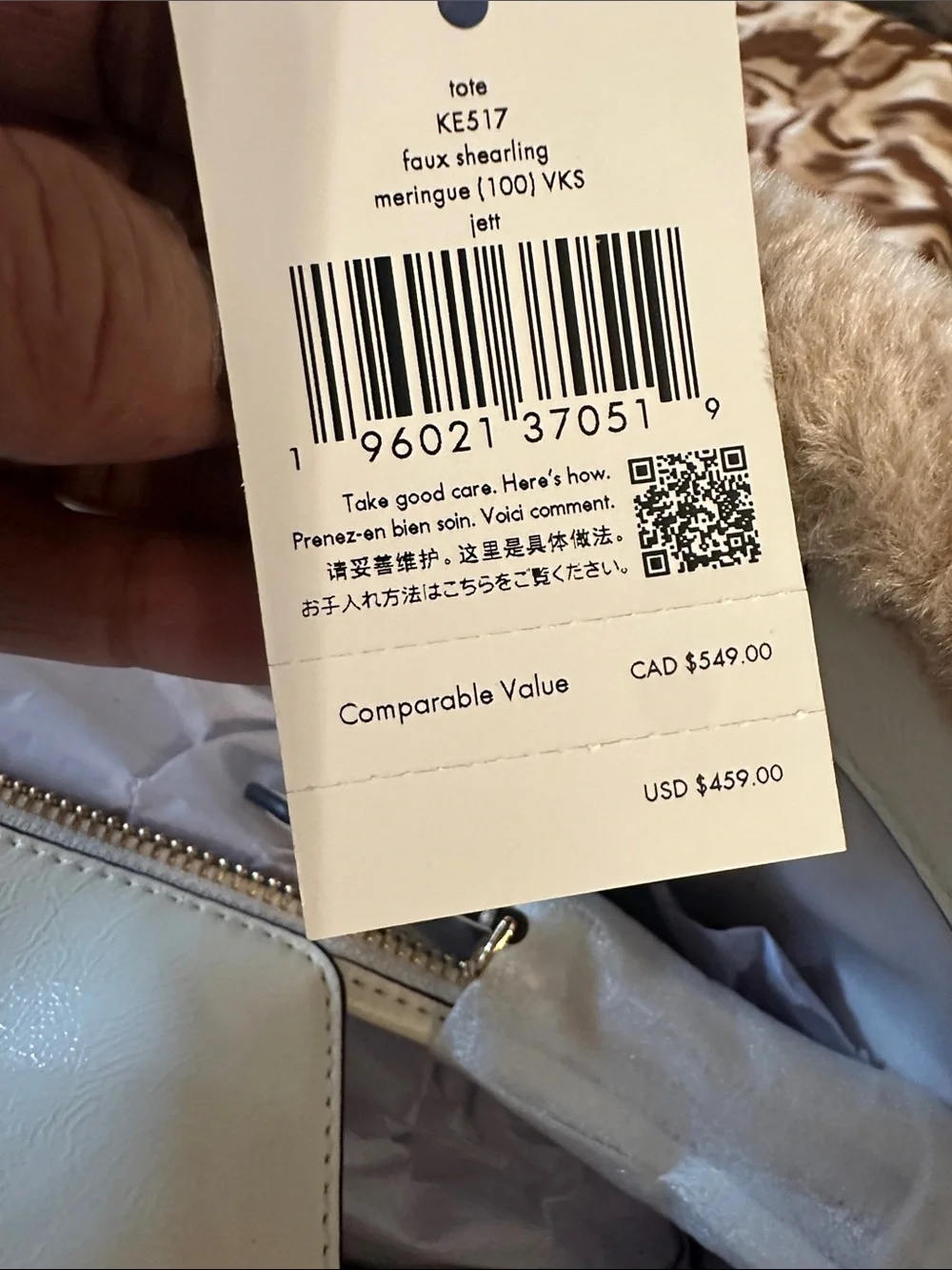 kate spade Cream Tote with Plush Trim